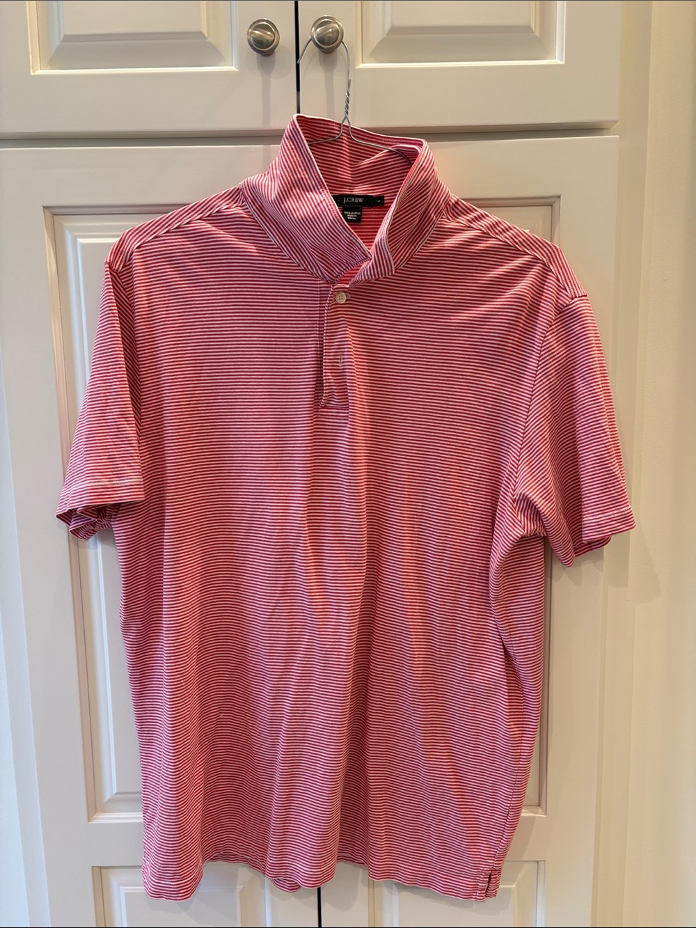 J. Crew Men’s Pink and White Thin-Striped Polo